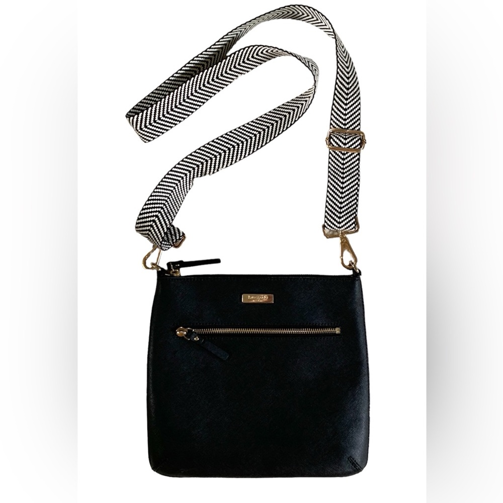 Kate Spade crossbody black leather gold hardware striped strap EUC authentic